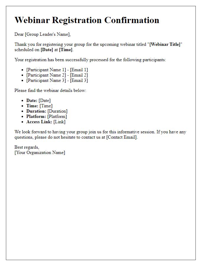 Letter template of webinar registration confirmation for group registrations.