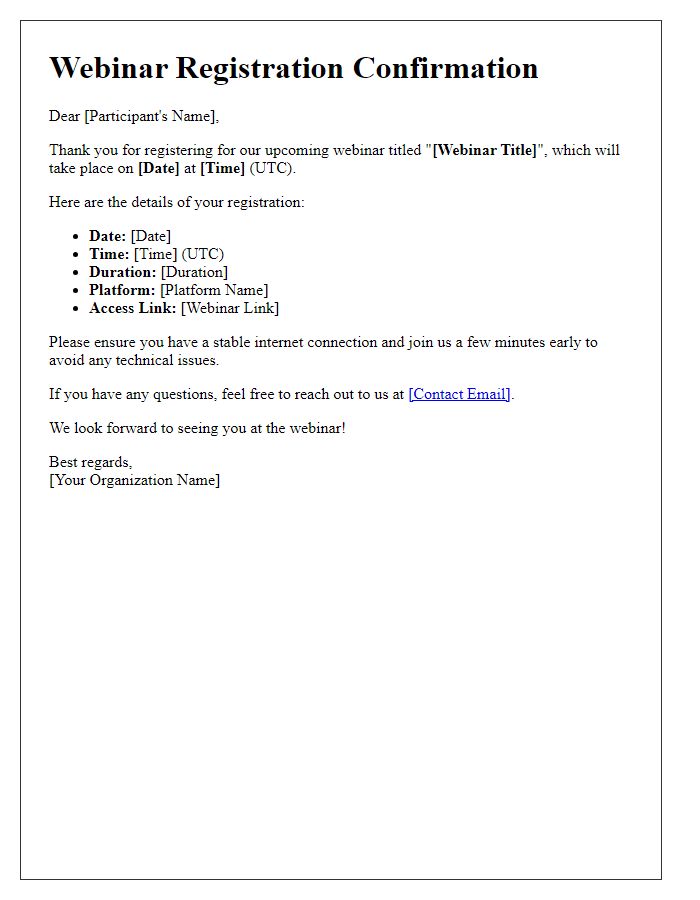 Letter template of webinar registration confirmation for participants.