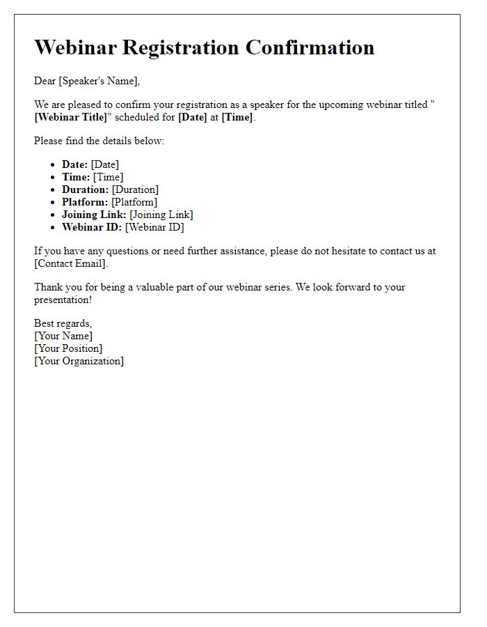 Letter template of webinar registration confirmation for speakers.