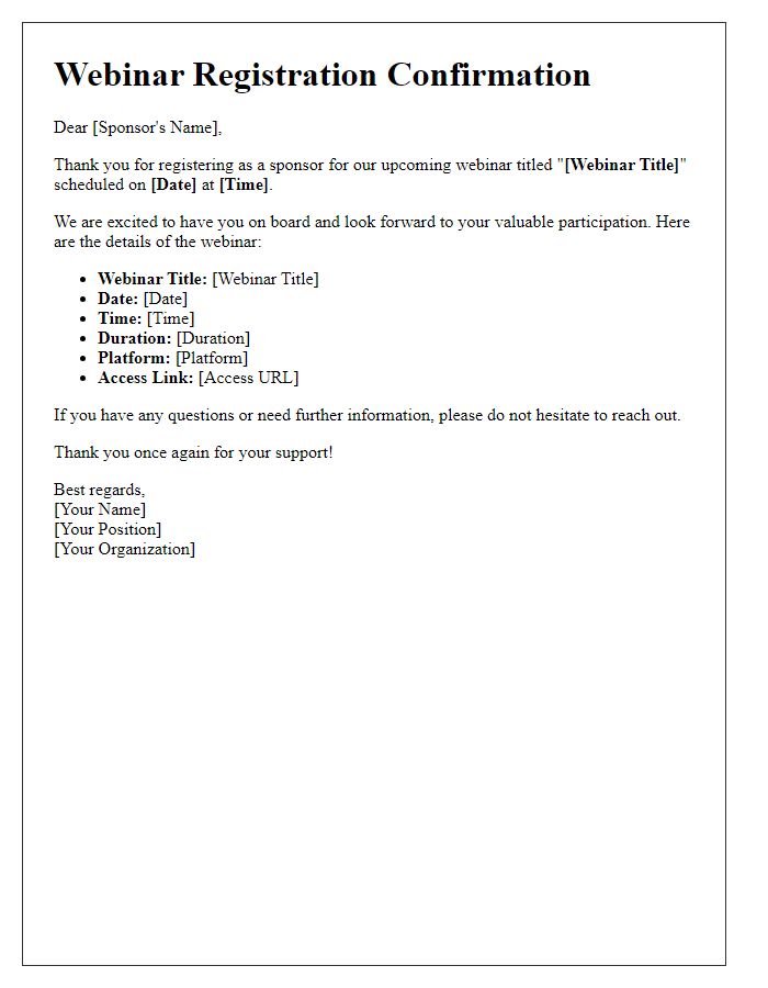 Letter template of webinar registration confirmation for sponsors.