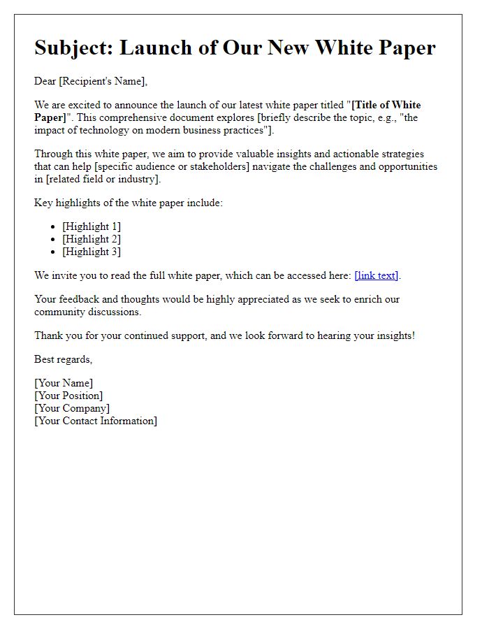 Letter template of white paper launch communication.