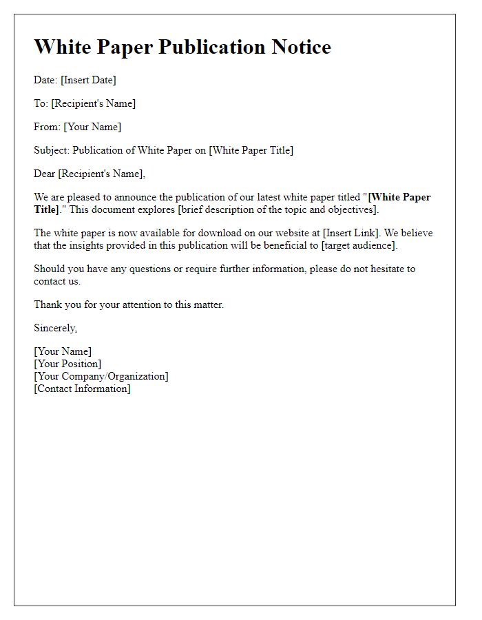 Letter template of white paper publication notice.