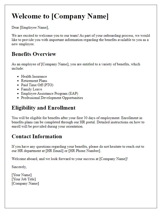 Letter template of benefits information for onboarding new hires