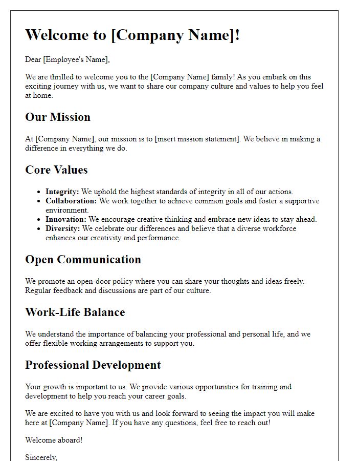 Letter template of company culture overview for new employee onboarding