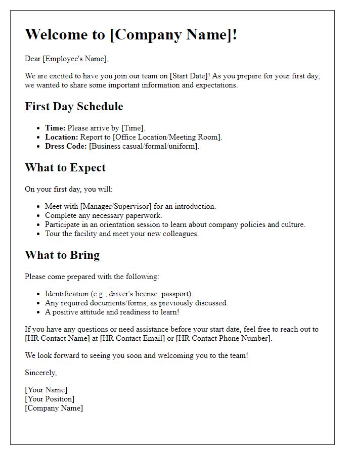 Letter template of first-day expectations for new employee onboarding