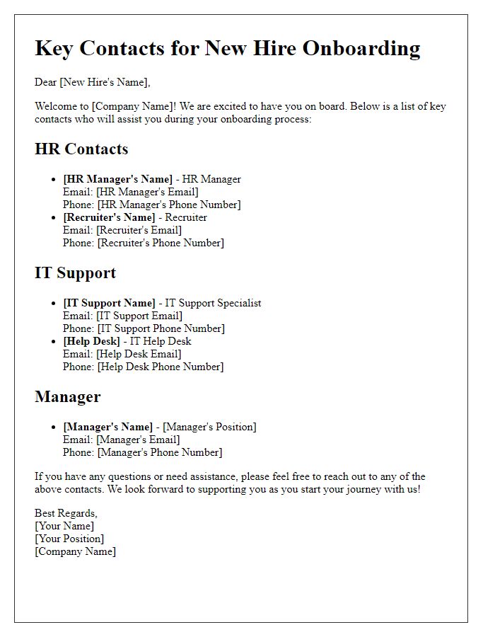 Letter template of key contacts for new hire onboarding assistance