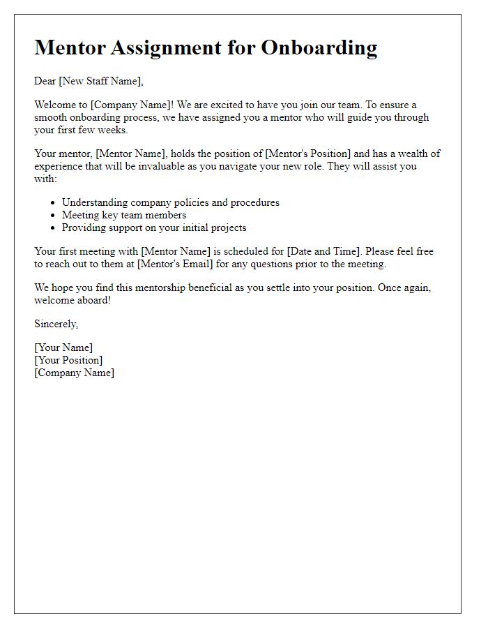 Letter template of mentor assignment for onboarding new staff