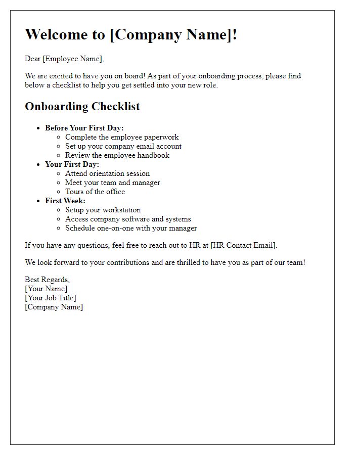 Letter template of onboarding checklist for new employees