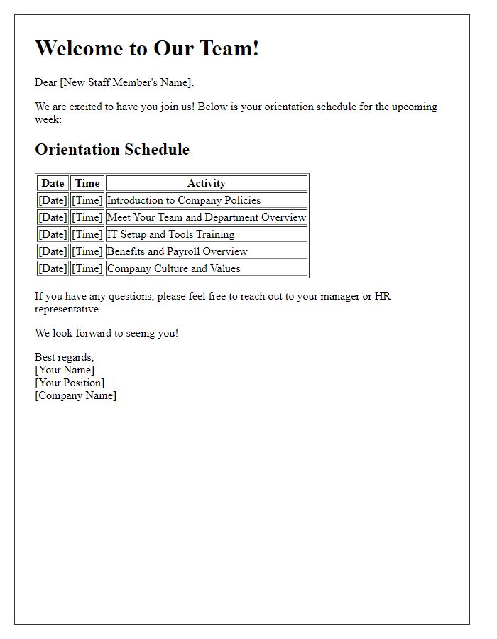 Letter template of orientation schedule for new staff onboarding