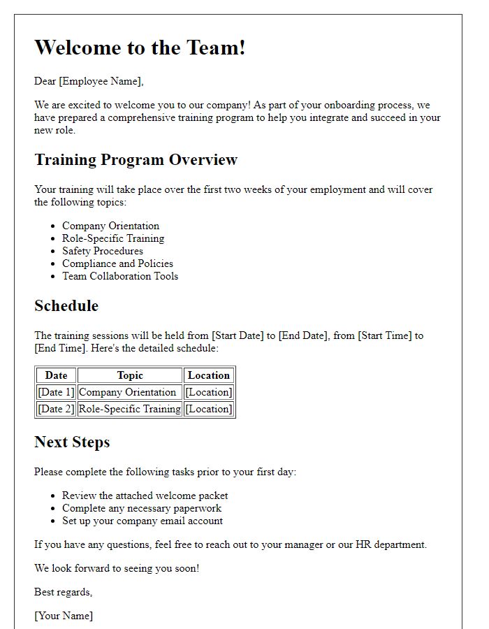 Letter template of training program details for new employee onboarding