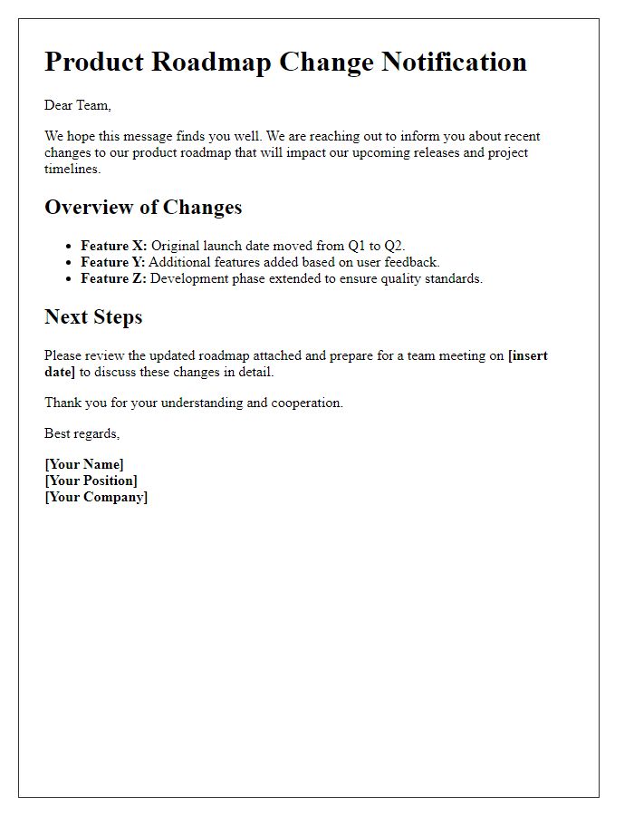 Letter template of product roadmap change notification