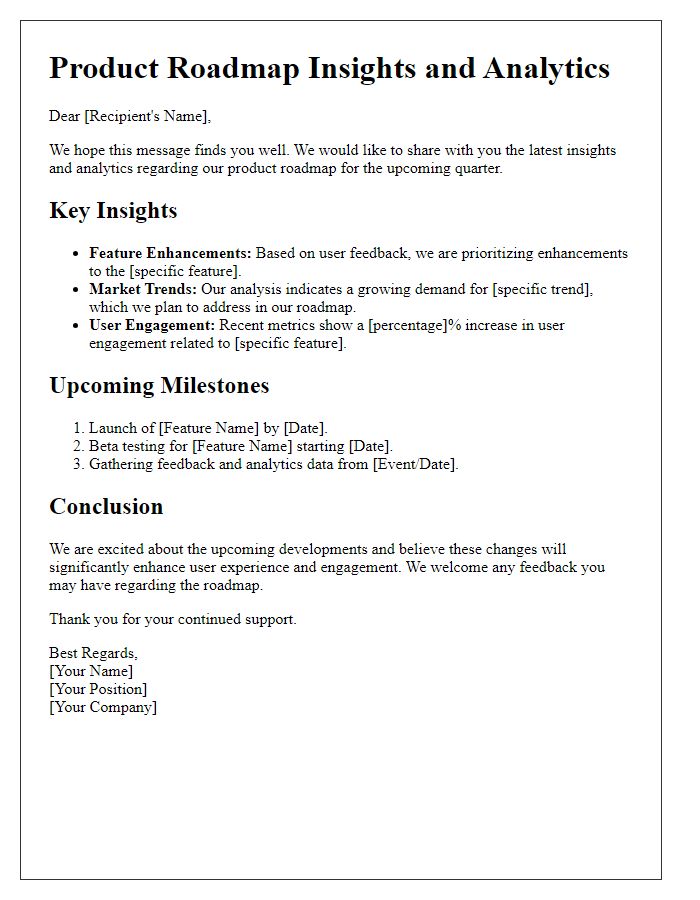 Letter template of product roadmap insights and analytics