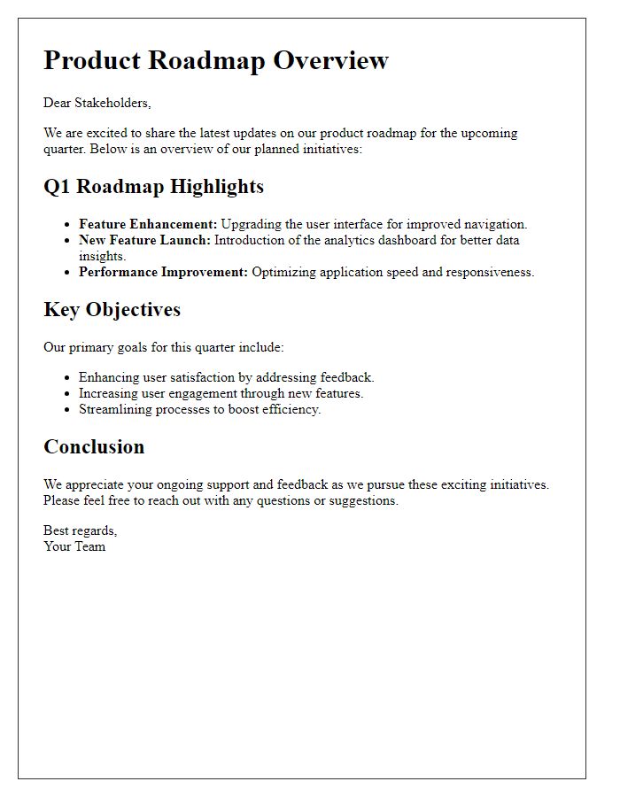 Letter template of product roadmap overview for stakeholders