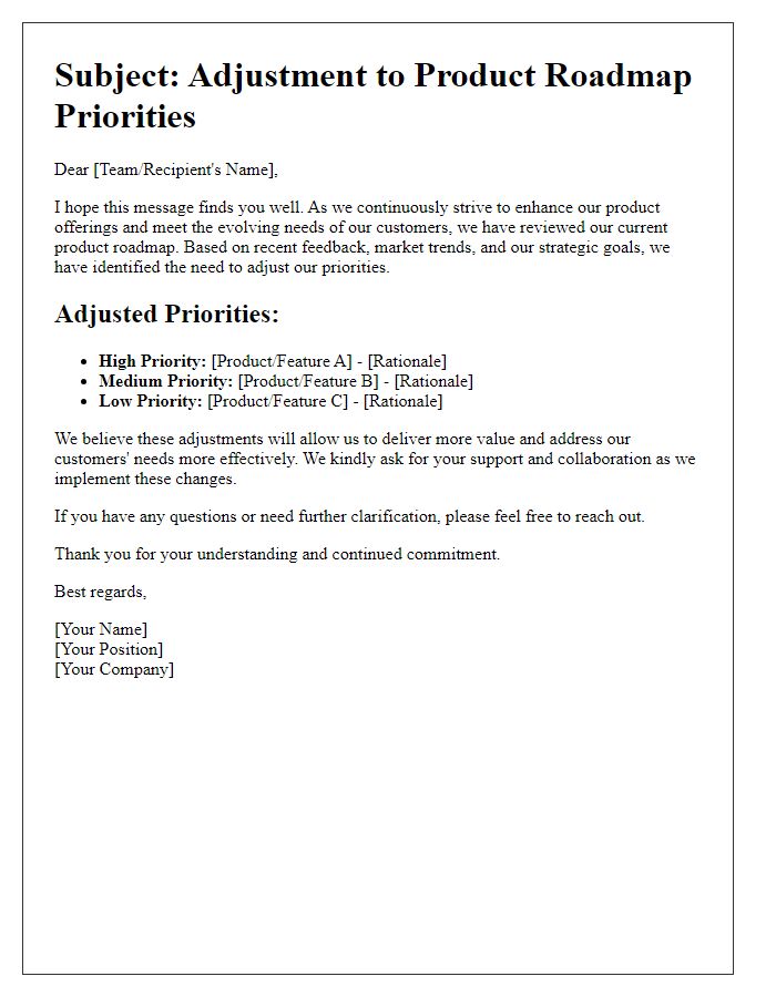 Letter template of product roadmap priorities adjustment