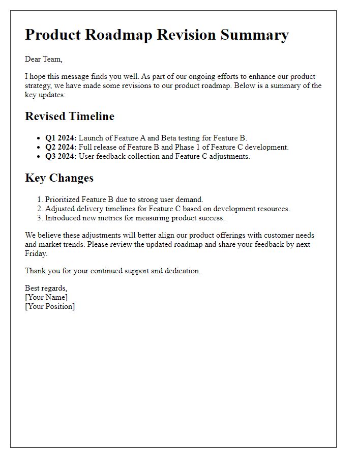 Letter template of product roadmap revision summary