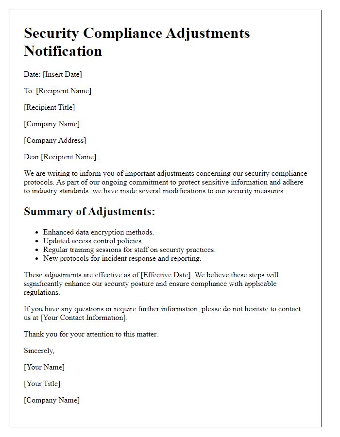 Letter template of security compliance adjustments