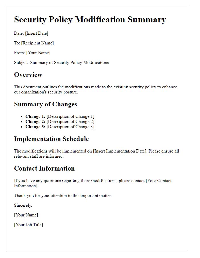 Letter template of security policy modification summary