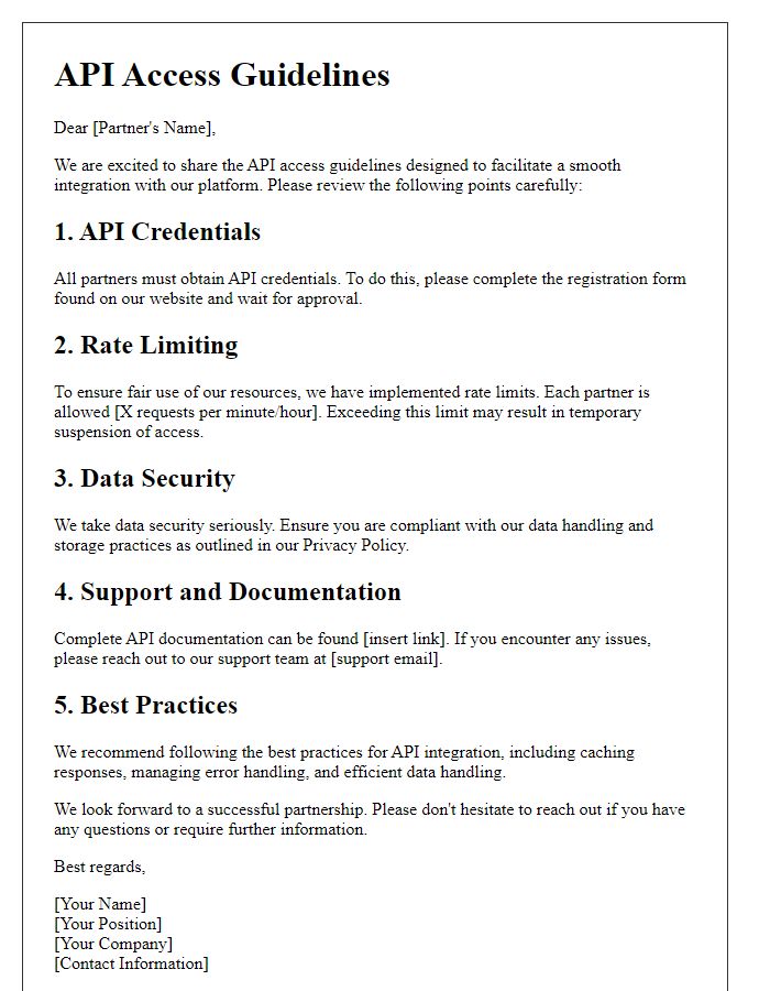 Letter template of API access guidelines for partners