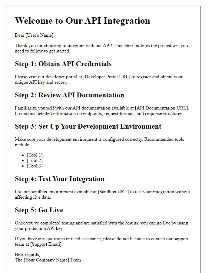 Letter template of API integration procedures for new users