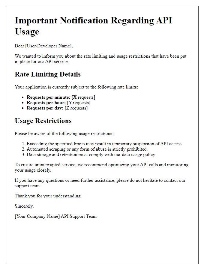 Letter template of API rate limiting and usage restrictions