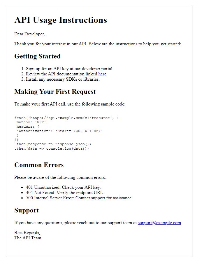 Letter template of API usage instructions for developers