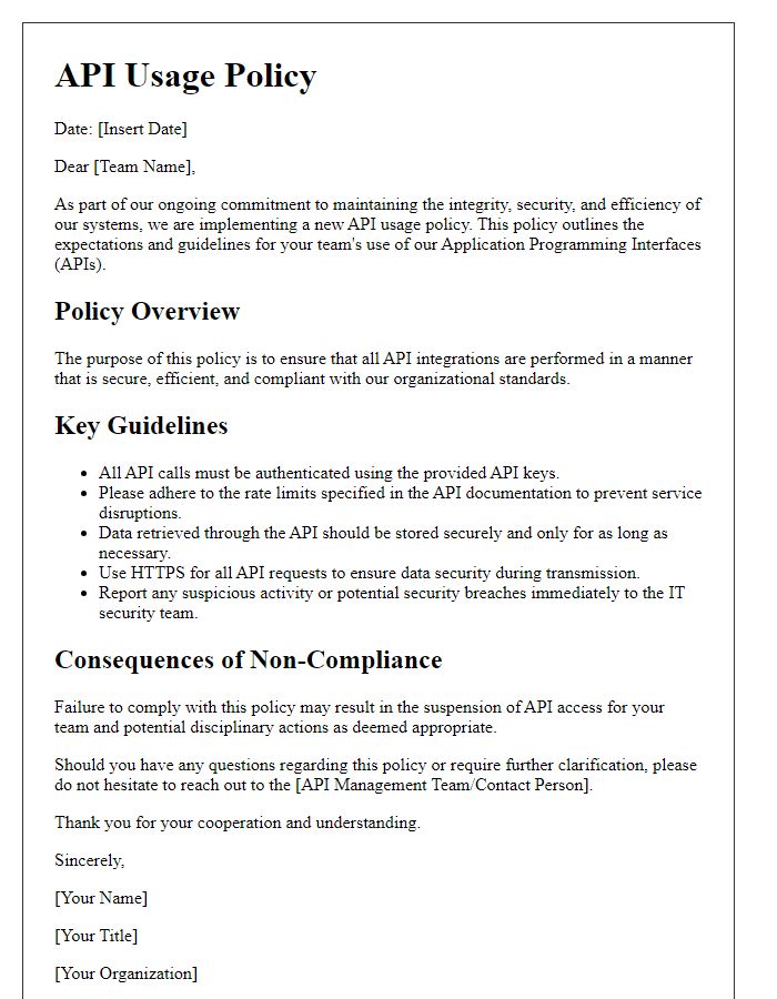 Letter template of API usage policy for teams