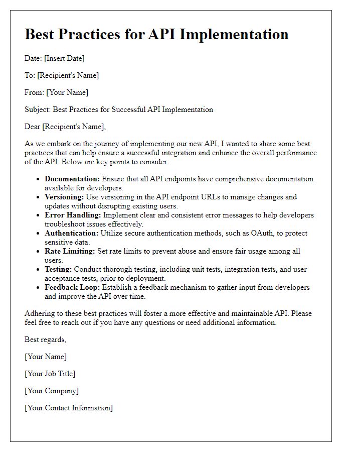 Letter template of best practices for API implementation