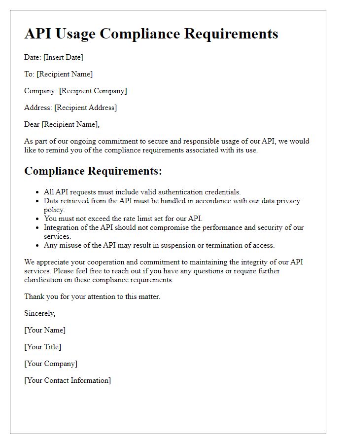 Letter template of compliance requirements for API usage