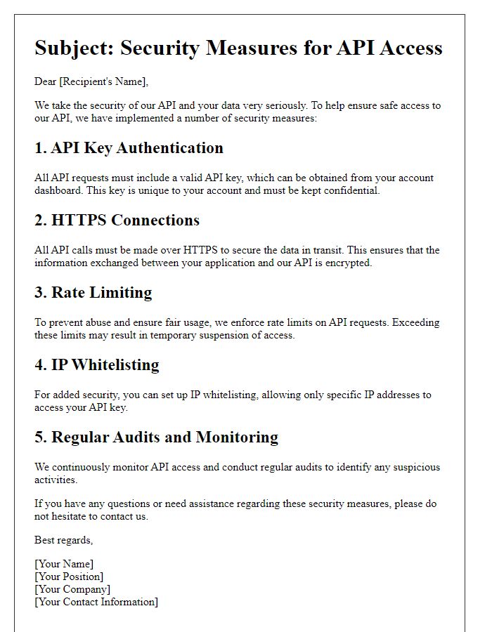 Letter template of security measures for API access