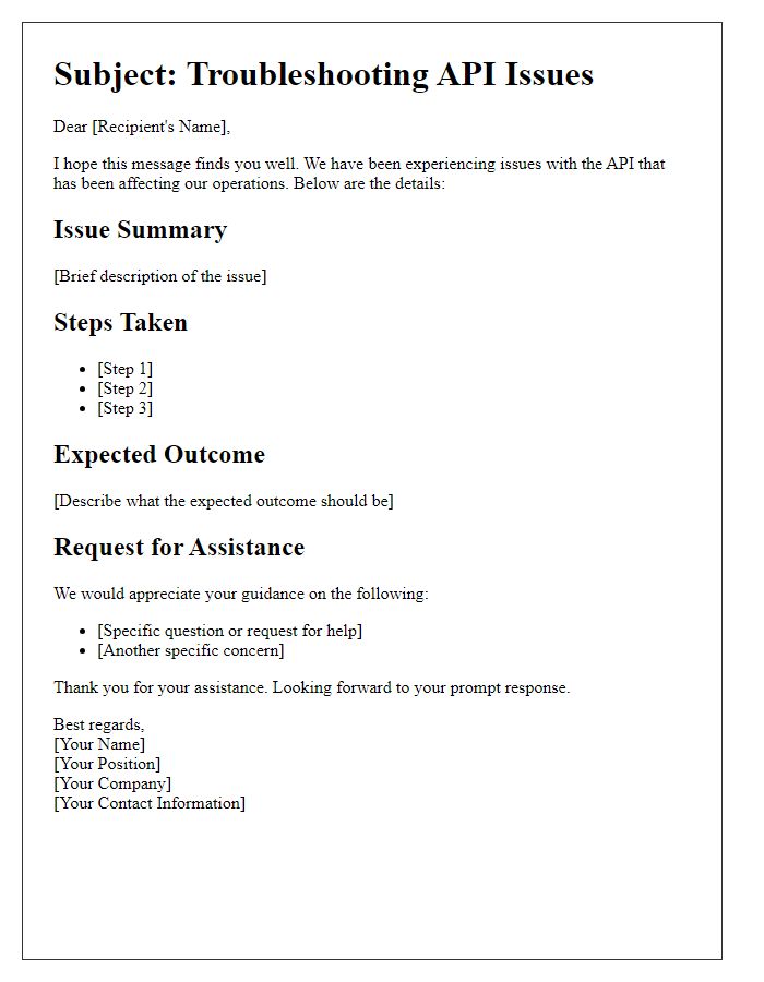 Letter template of troubleshooting API issues