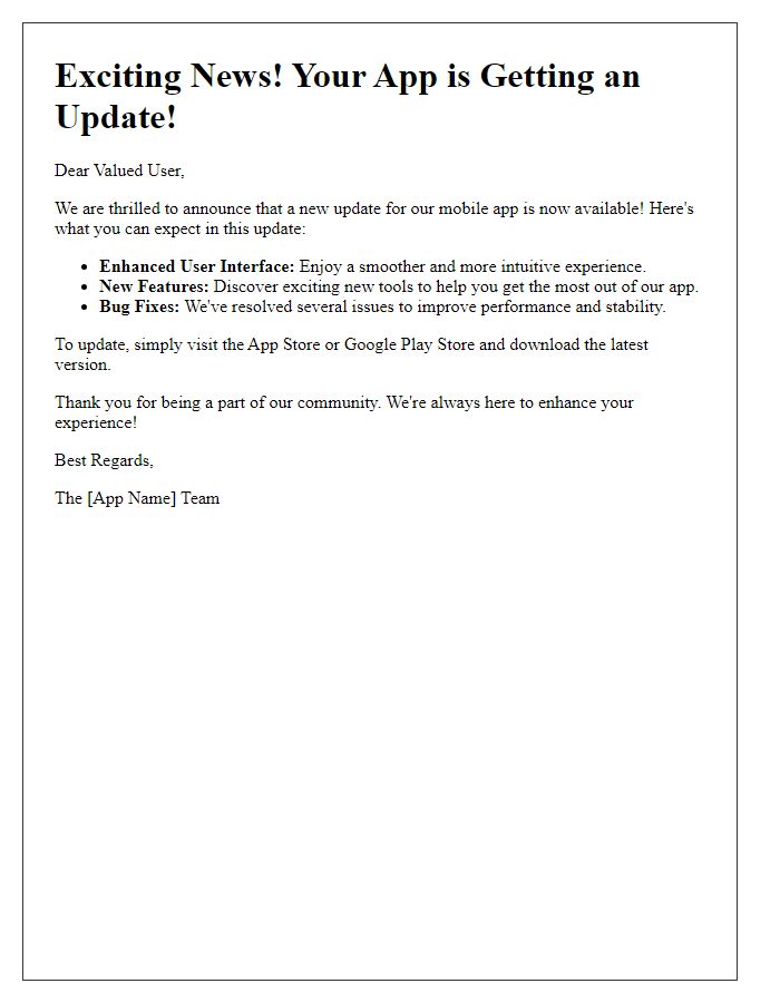 Letter template of mobile app update announcement for users