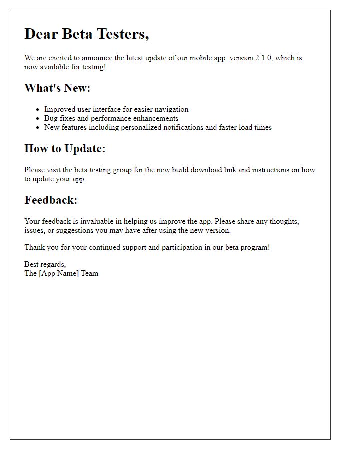 Letter template of mobile app update communication for beta testers