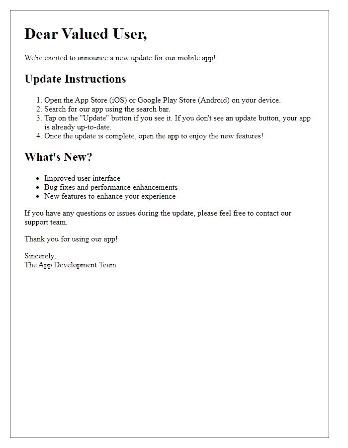 Letter template of mobile app update instructions for installation