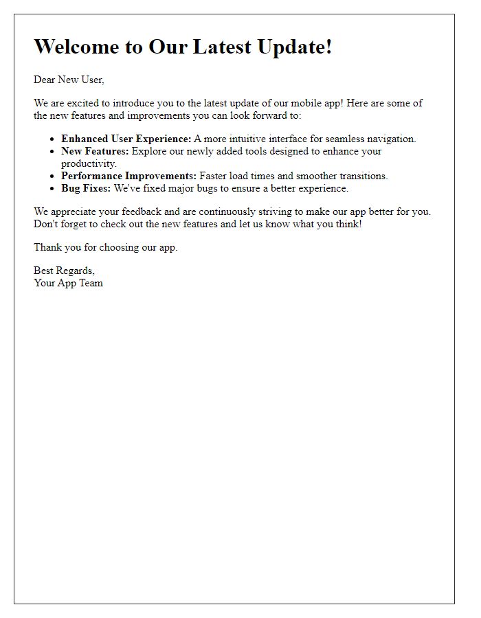 Letter template of mobile app update introduction for new users