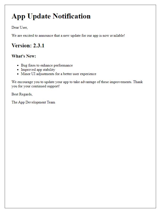 Letter template of mobile app update notification for bug fixes