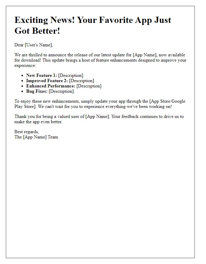 Letter template of mobile app update release for feature enhancements