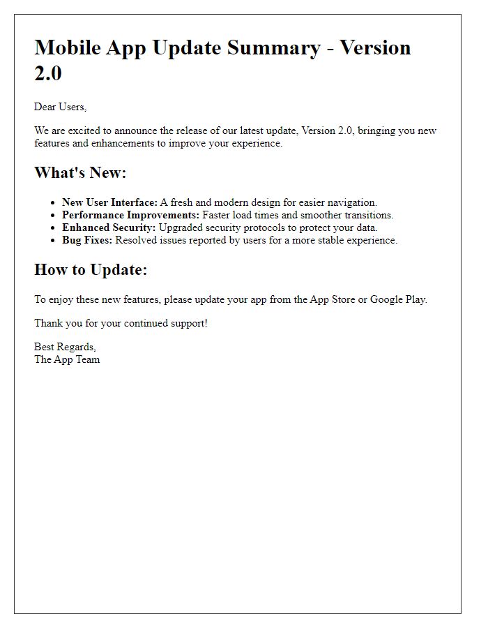 Letter template of mobile app update summary for version details