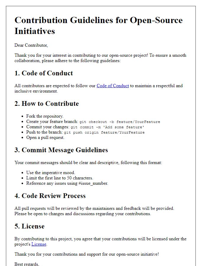 Letter template of contribution guidelines for open-source initiatives.