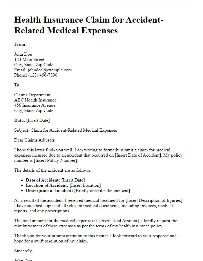 Letter template of health insurance claim for accident-related medical expenses