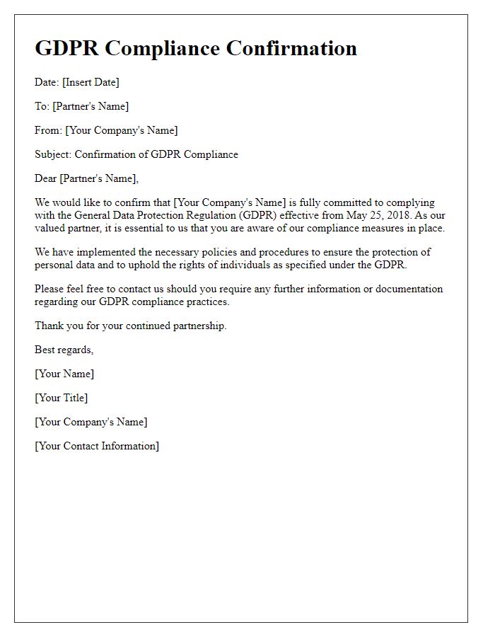 Letter template of GDPR compliance confirmation for partners