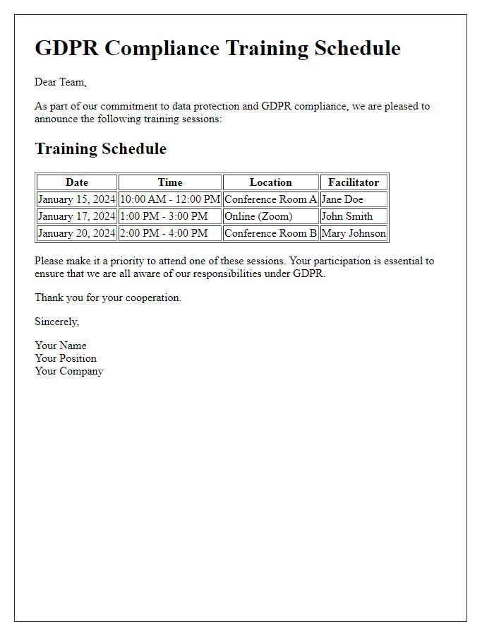 Letter template of GDPR compliance training schedule for staff