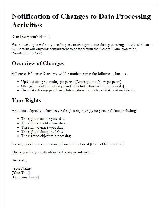Letter template of GDPR data processing changes announcement