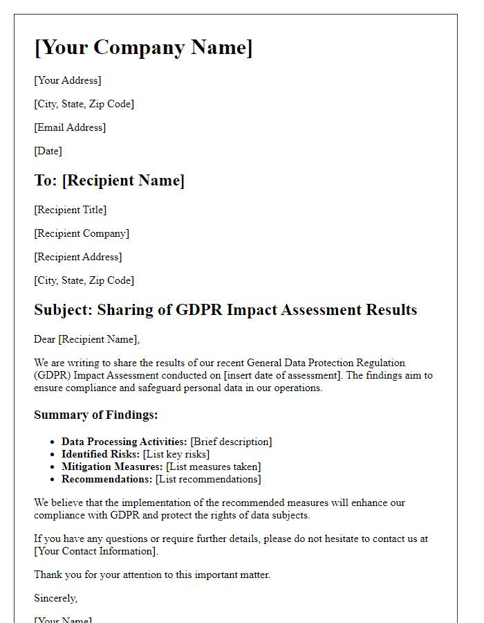 Letter template of GDPR impact assessment results sharing