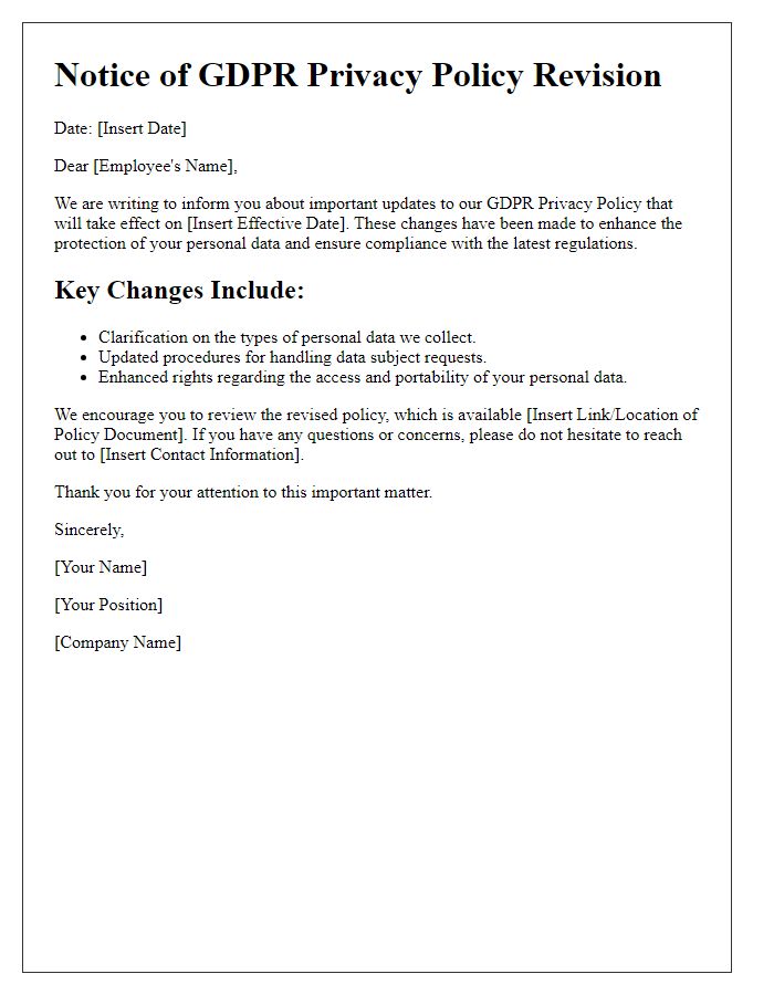 Letter template of GDPR privacy policy revision for employees