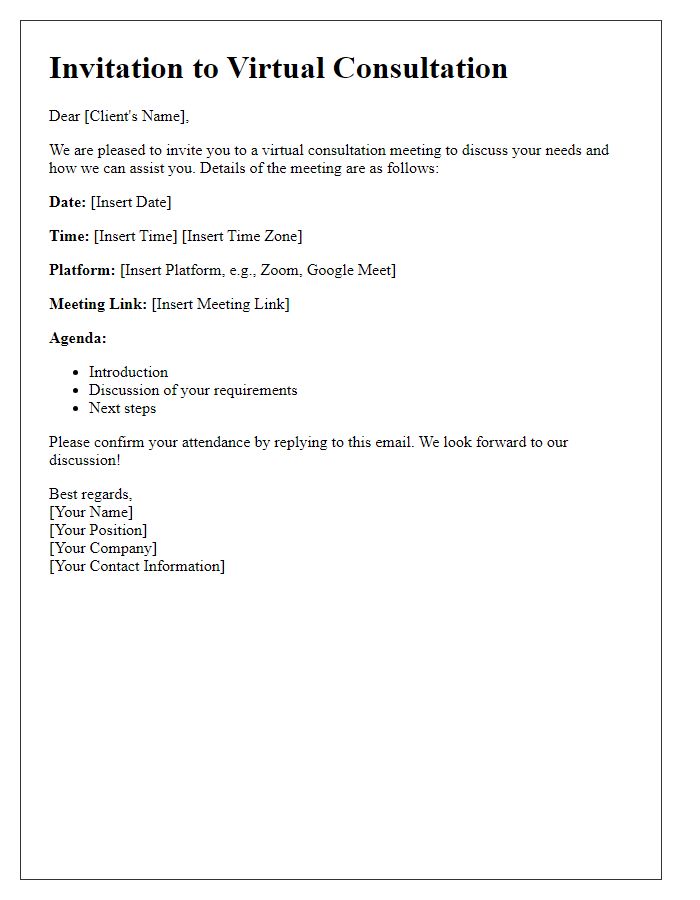 Letter template of client consultation virtual meeting invitation