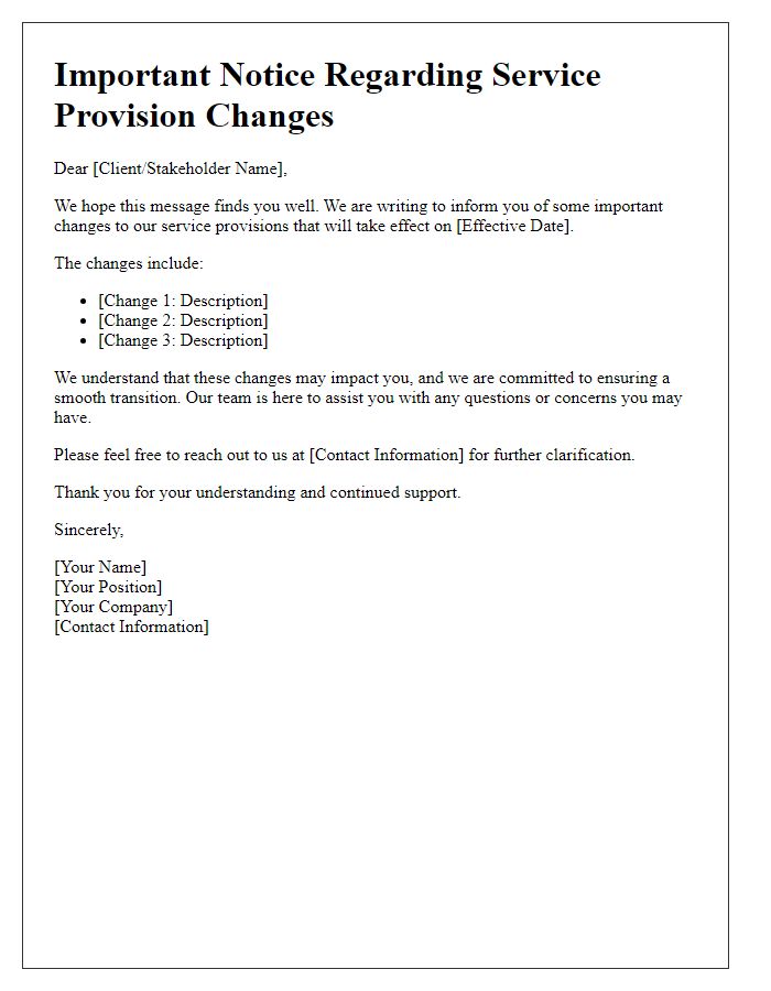 Letter template of alert for service provision changes