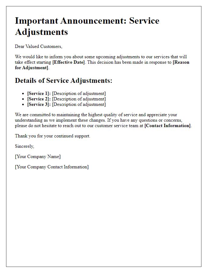 Letter template of announcement regarding service adjustments