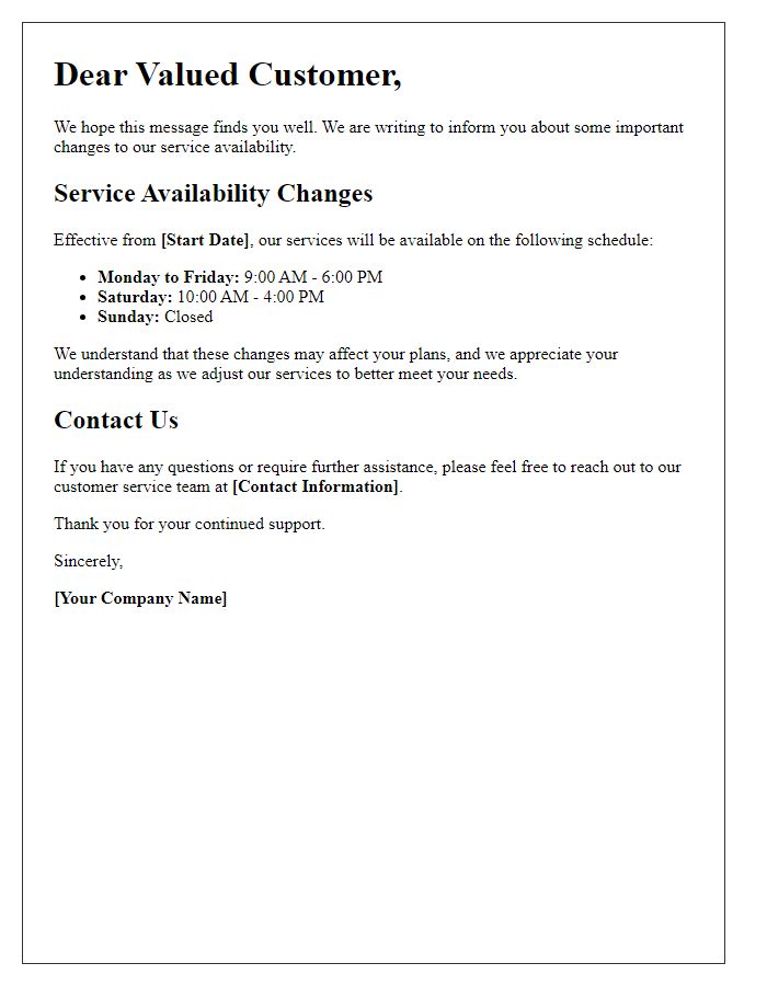 Letter template of update on service availability changes