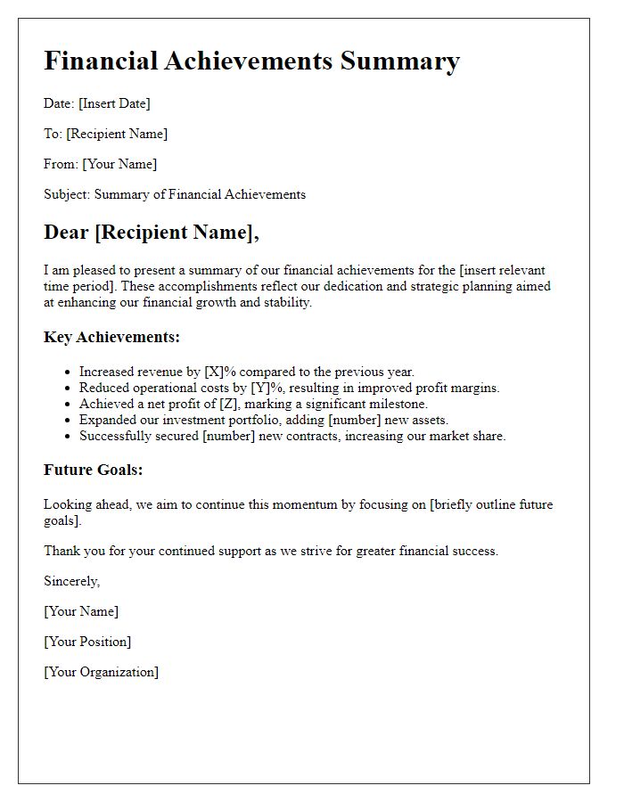 Letter template of financial achievements summary