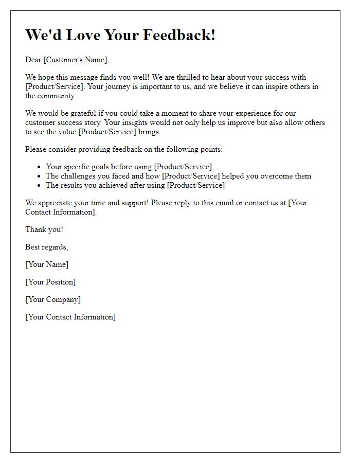 Letter template of customer success story appeal for feedback